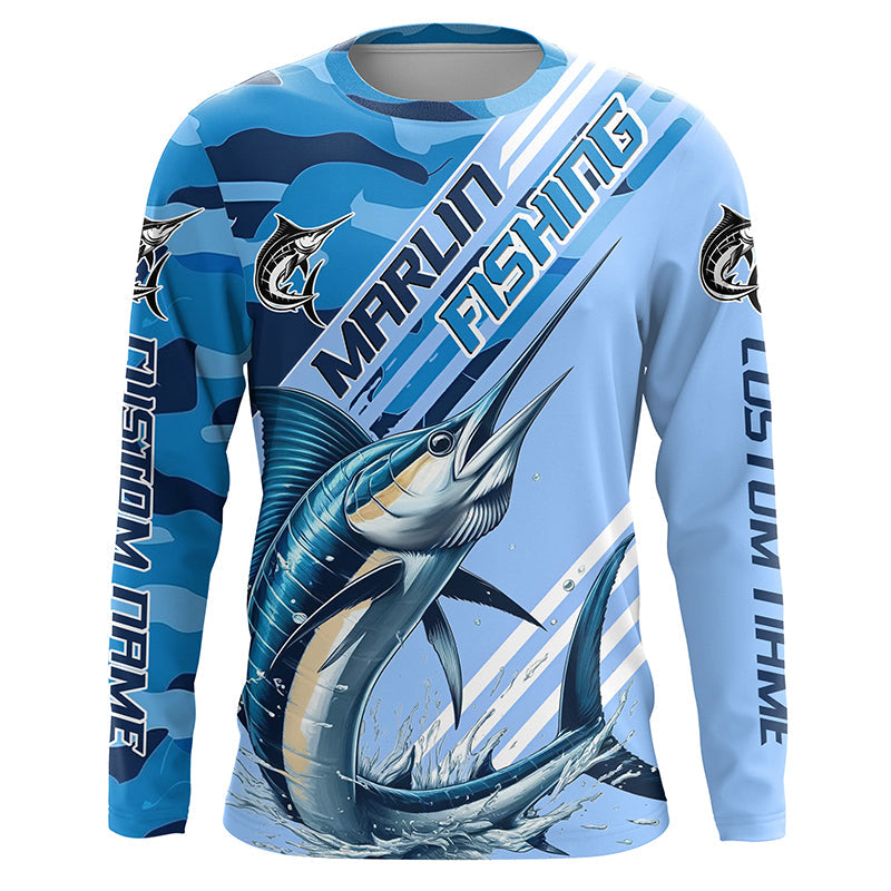 Custom Marlin Fishing Long Sleeve, Marlin Saltwater Fishing | Blue Camo