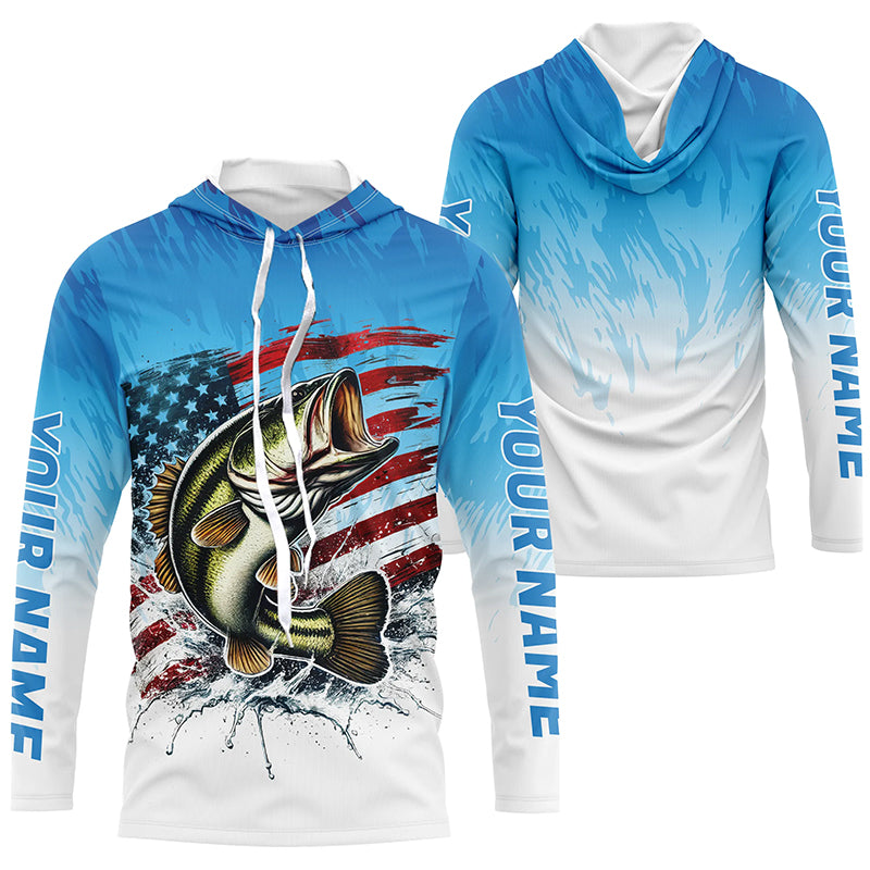 Custom Patriotic Largemouth Bass Long Sleeve Fishing, Blue American Flag Us Fishing