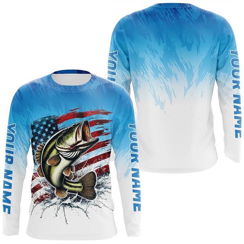 Custom Patriotic Largemouth Bass Long Sleeve Fishing, Blue American Flag Us Fishing