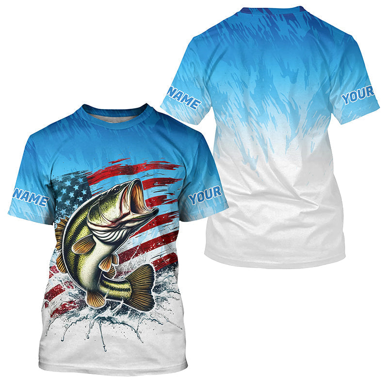 Custom Patriotic Largemouth Bass Long Sleeve Fishing, Blue American Flag Us Fishing
