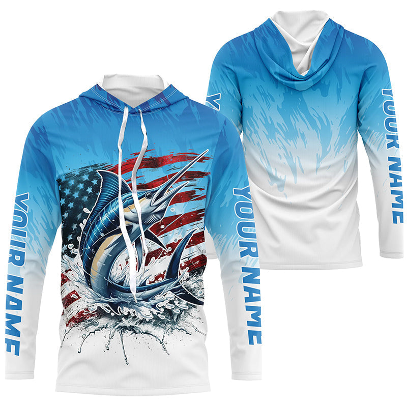 Custom Patriotic Marlin Long Sleeve Fishing, American Flag Marlin Saltwater Fishing