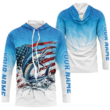 Custom Patriotic Marlin Long Sleeve Fishing, American Flag Marlin Saltwater Fishing