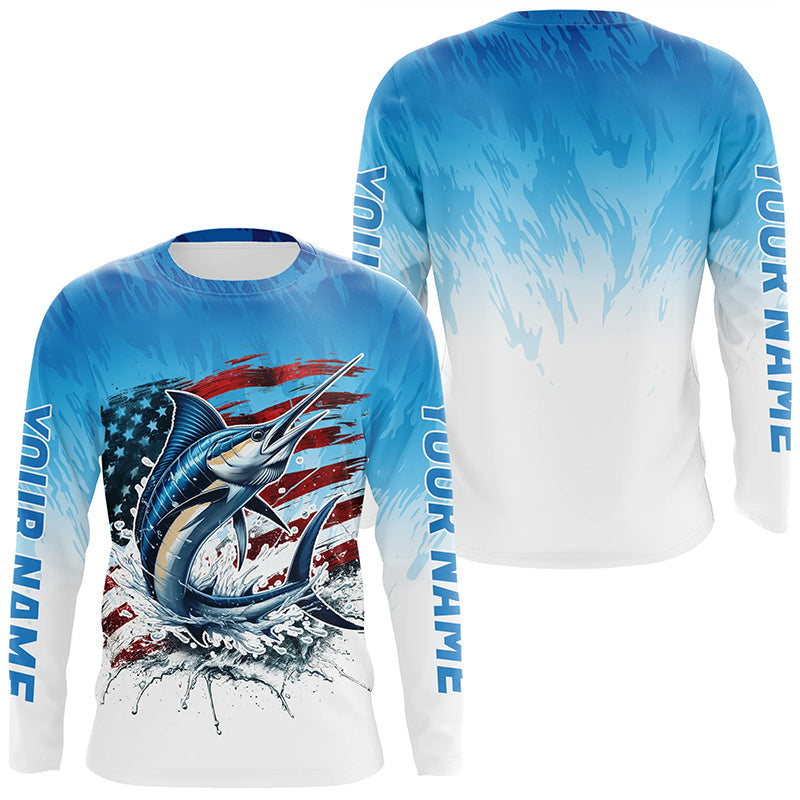 Custom Patriotic Marlin Long Sleeve Fishing, American Flag Marlin Saltwater Fishing