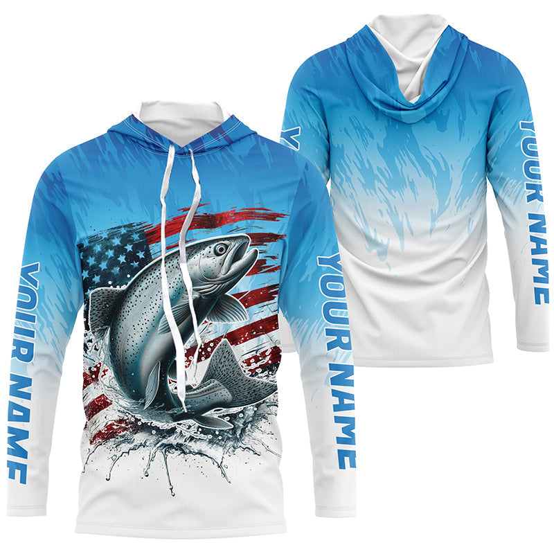 Custom Patriotic Chinook Salmon Long Sleeve Fishing, Salmon Saltwater Flag Fishing