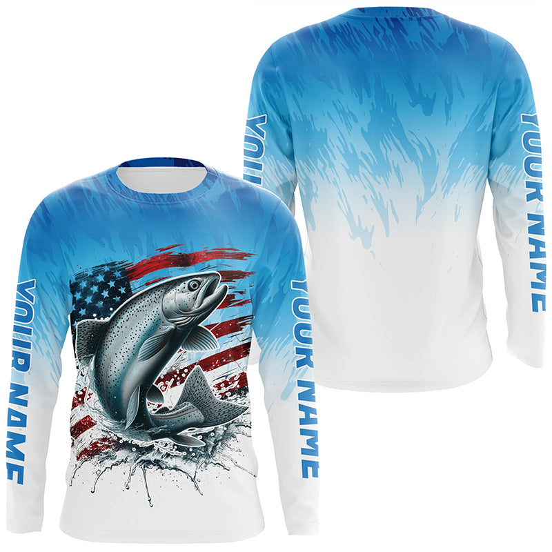 Custom Patriotic Chinook Salmon Long Sleeve Fishing, Salmon Saltwater Flag Fishing