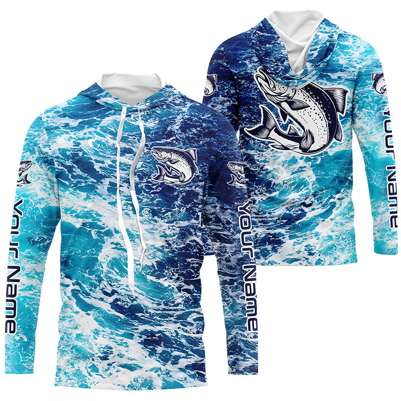 Custom Chinook King Salmon Saltwater Long Sleeve Fishing, Ocean Camo Salmon Fishing