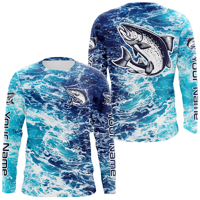 Custom Chinook King Salmon Saltwater Long Sleeve Fishing, Ocean Camo Salmon Fishing