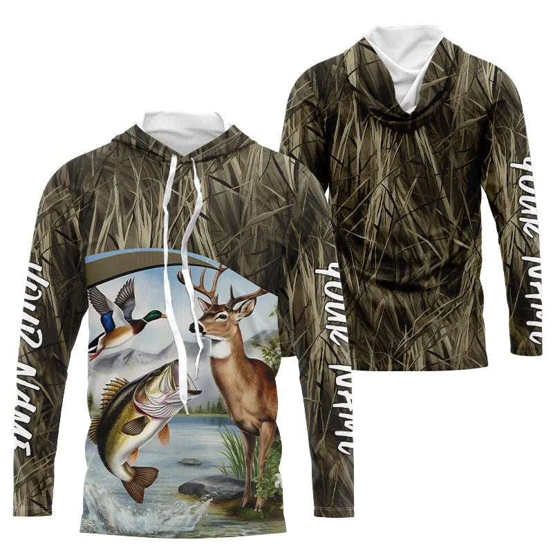 Largemouth Bass Fish Fishing, Deer And Duck Hunting Custom Long Sleeve Hooded