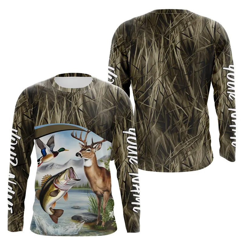 Largemouth Bass Fish Fishing, Deer And Duck Hunting Custom Long Sleeve Hooded