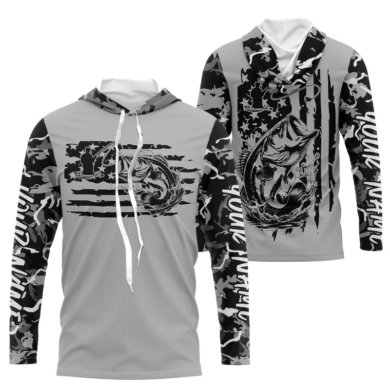 Gray Camo US Flag Custom Patriotic Largemouth Bass Long Sleeve Hooded Tournament Fishing