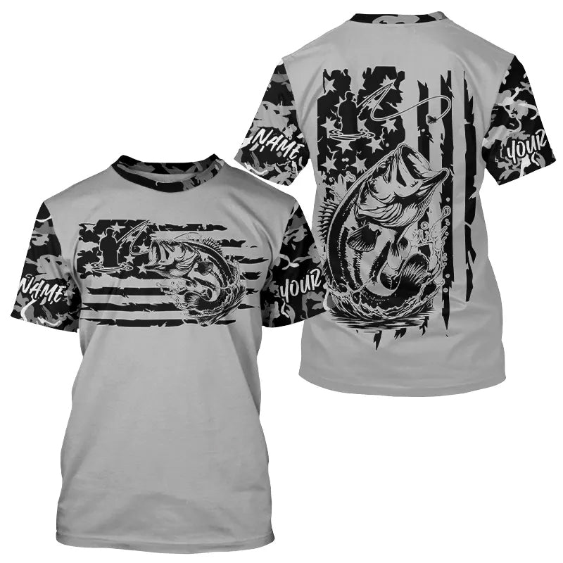 Gray Camo US Flag Custom Patriotic Largemouth Bass Long Sleeve Hooded Tournament Fishing