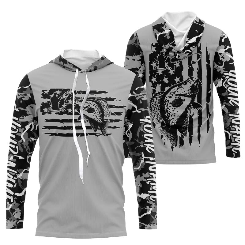 Gray Camo US Flag Custom Patriotic Crappie Long Sleeve Hooded Tournament Fishing
