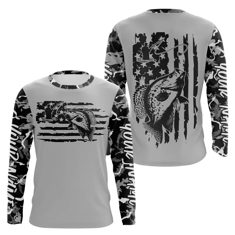Gray Camo US Flag Custom Patriotic Crappie Long Sleeve Hooded Tournament Fishing