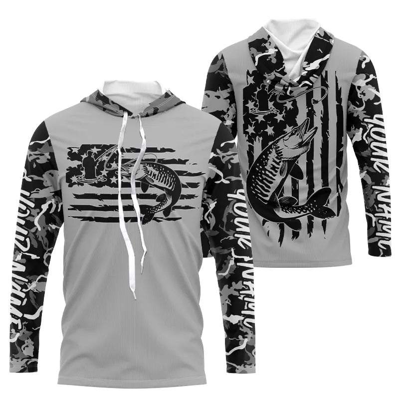 Gray Camo US Flag Custom Patriotic Musky Long Sleeve Hooded Tournament Fishing