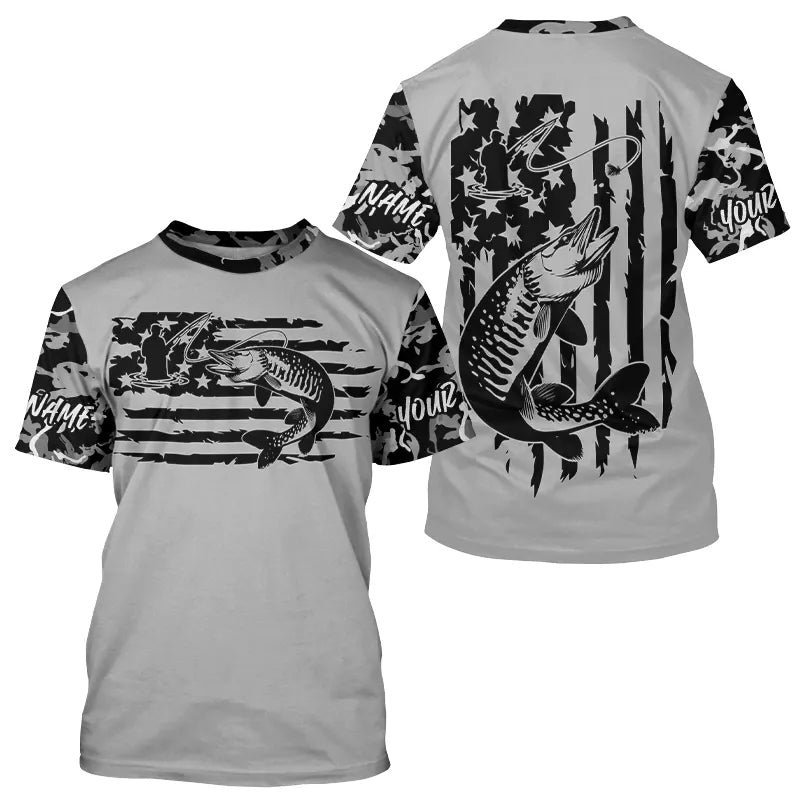 Gray Camo US Flag Custom Patriotic Musky Long Sleeve Hooded Tournament Fishing