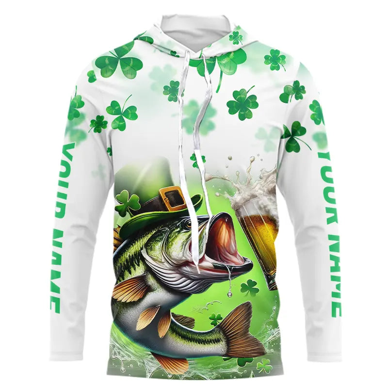 Custom St Patrick's Day Shamprock Largemouth Bass Long Sleeve Hooded Tournament Fishing
