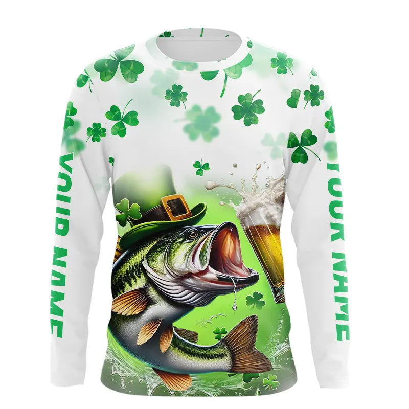 Custom St Patrick's Day Shamprock Largemouth Bass Long Sleeve Hooded Tournament Fishing