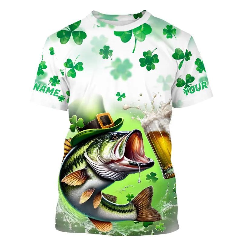 Custom St Patrick's Day Shamprock Largemouth Bass Long Sleeve Hooded Tournament Fishing
