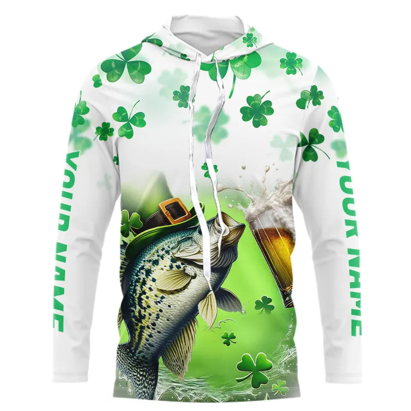 Custom St Patrick's Day Shamprock Crappie Long Sleeve Hooded Tournament Fishing