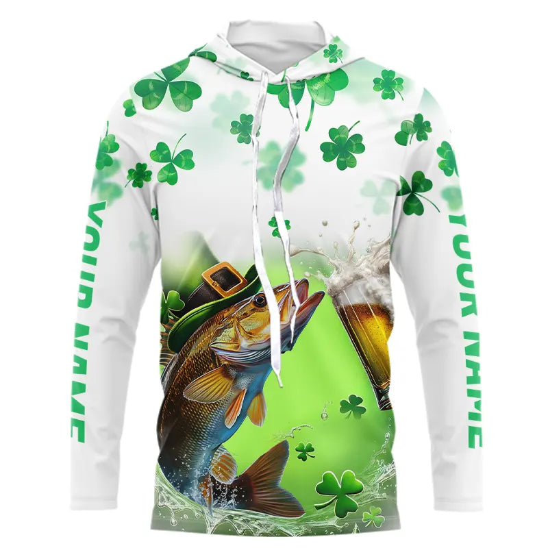 Custom St Patrick's Day Shamprock Walleye Long Sleeve Hooded Tournament Fishing