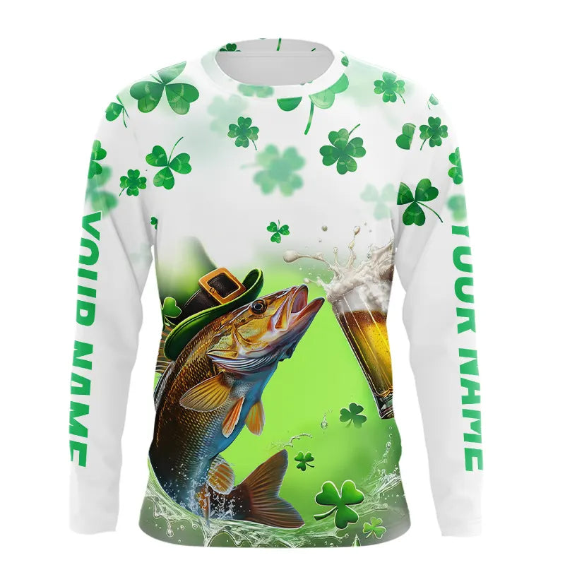 Custom St Patrick's Day Shamprock Walleye Long Sleeve Hooded Tournament Fishing