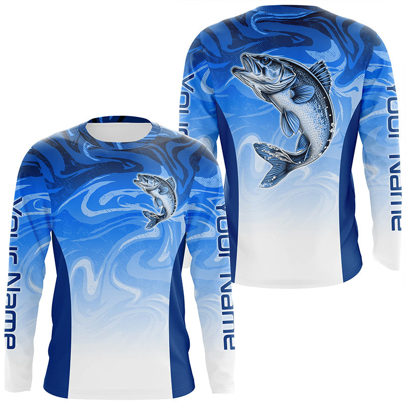 Custom Walleye Long Sleeve Tournament Fishing, Blue Wave Camo Walleye Fishing