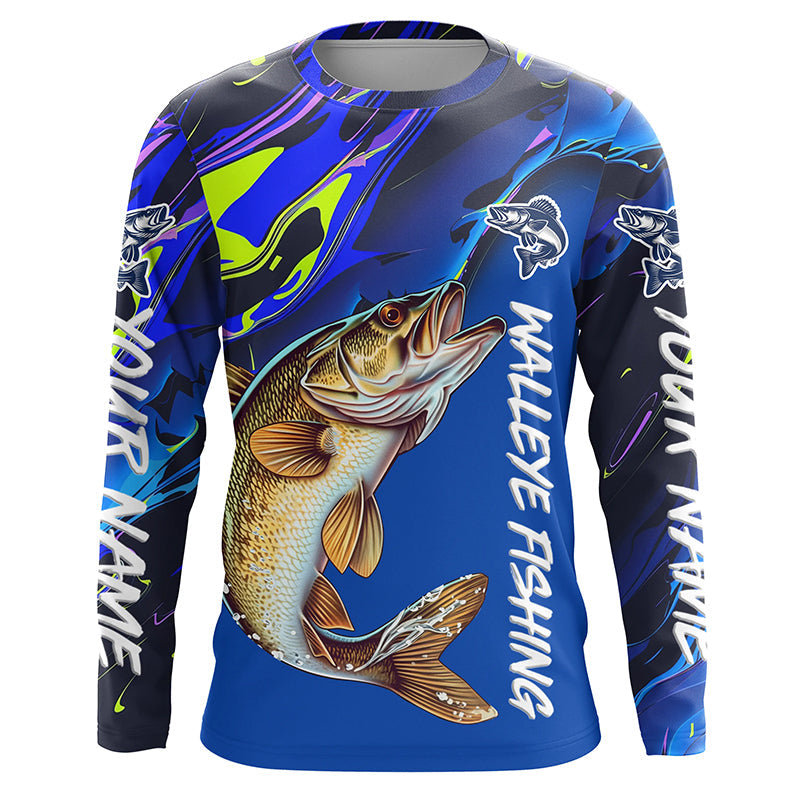 Personalized Walleye Long Sleeve Tournament Fishing, Water Camo Walleye Fishing