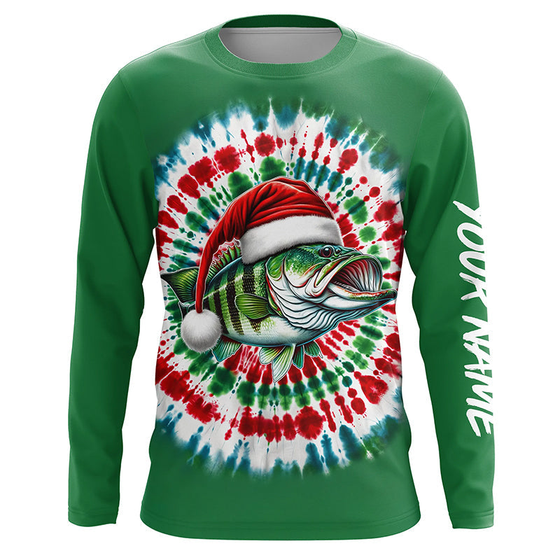 Custom Christmas Bass Fishing Tie Dye Long Sleeve Fishing, Christmas Bass Fishing Gifts