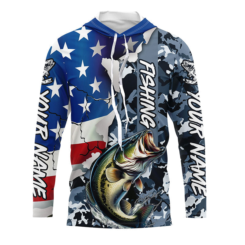 Custom American Flag Bass Fishing Long Sleeve, Bass Fishing Camo Tournament Fishing