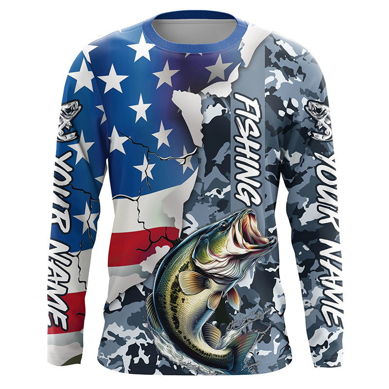 Custom American Flag Bass Fishing Long Sleeve, Bass Fishing Camo Tournament Fishing