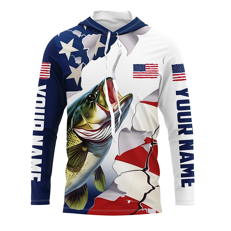 Personalized American Flag Bass Fishing Long Sleeve, Patriotic Bass Fishing