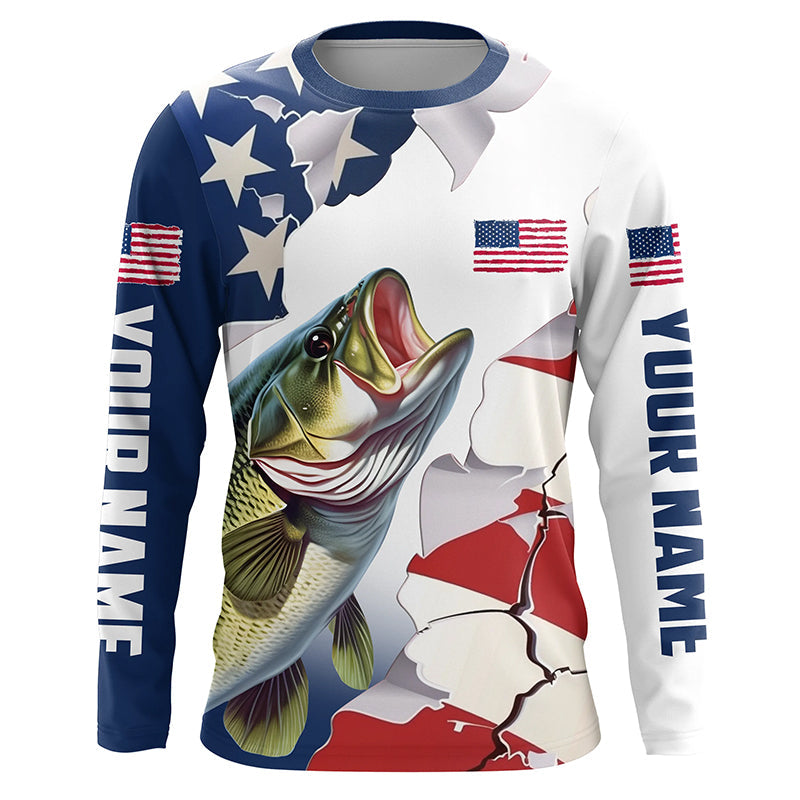 Personalized American Flag Bass Fishing Long Sleeve, Patriotic Bass Fishing