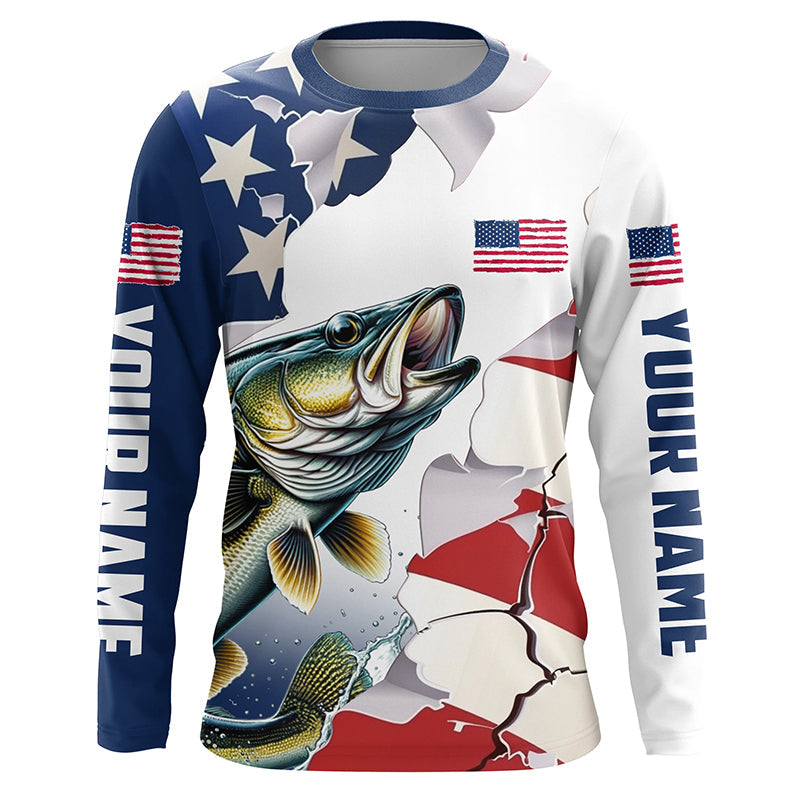 Personalized American Flag Walleye Fishing Long Sleeve, Patriotic Walleye Fishing