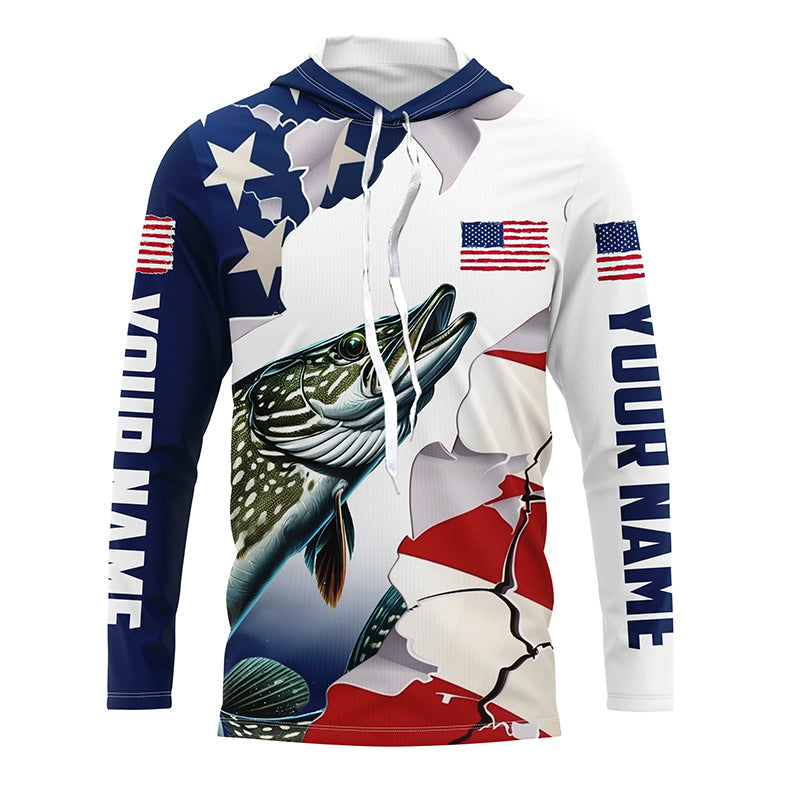 Personalized American Flag Northern Pike Fishing Long Sleeve, Patriotic Pike Fishing
