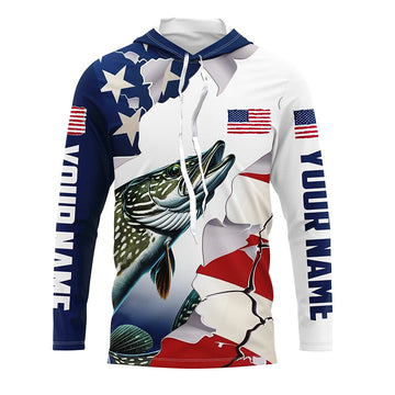 Personalized American Flag Northern Pike Fishing Long Sleeve, Patriotic Pike Fishing