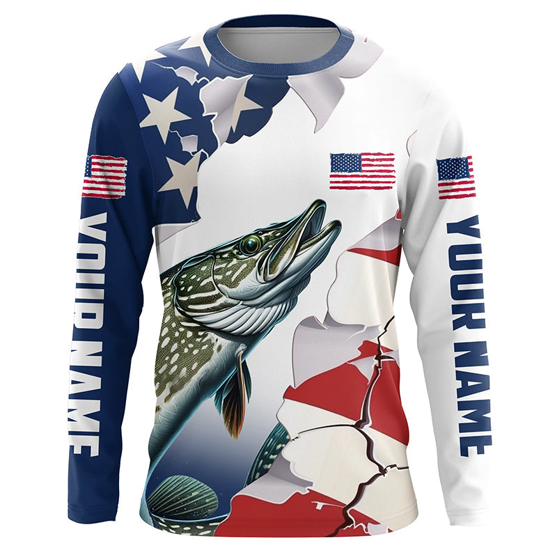 Personalized American Flag Northern Pike Fishing Long Sleeve, Patriotic Pike Fishing