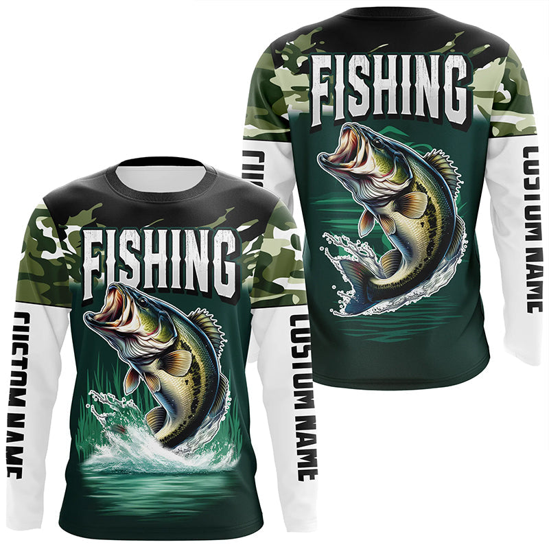 Camouflage Largemouth Bass Fishing Custom Long Sleeve Tournament, Fishing Gifts For Fisherman