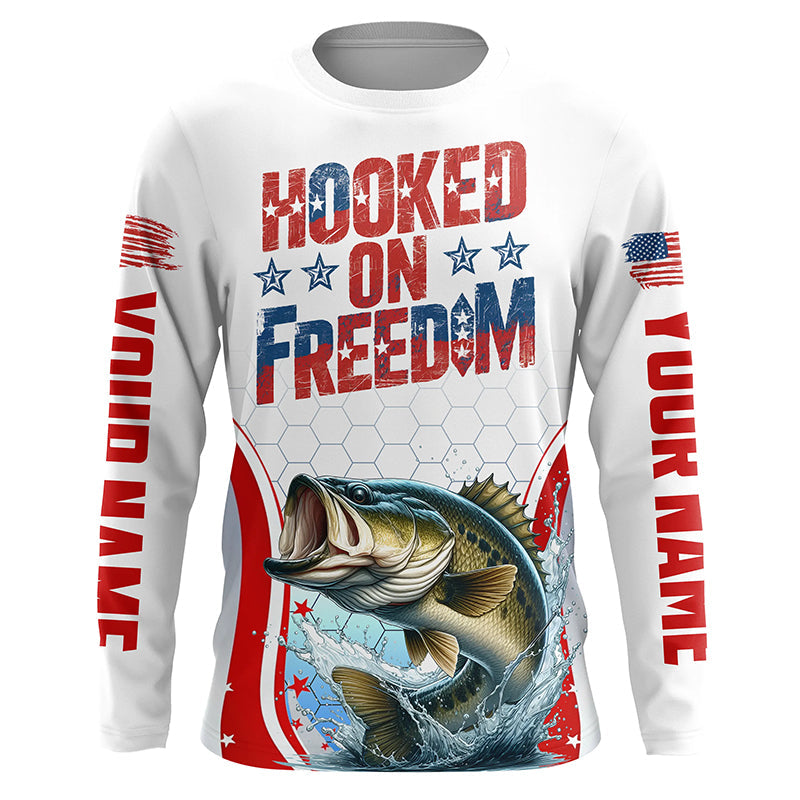 American Flag Bass Custom Long Sleeve Fishing, Hooked On Freedom Patriotic Fishing