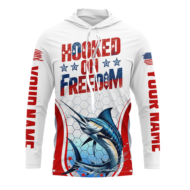 American Flag Marlin Custom Long Sleeve Fishing, Hooked On Freedom Patriotic Fishing