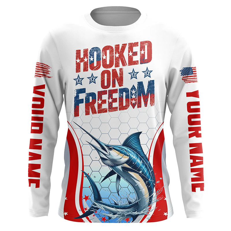 American Flag Marlin Custom Long Sleeve Fishing, Hooked On Freedom Patriotic Fishing