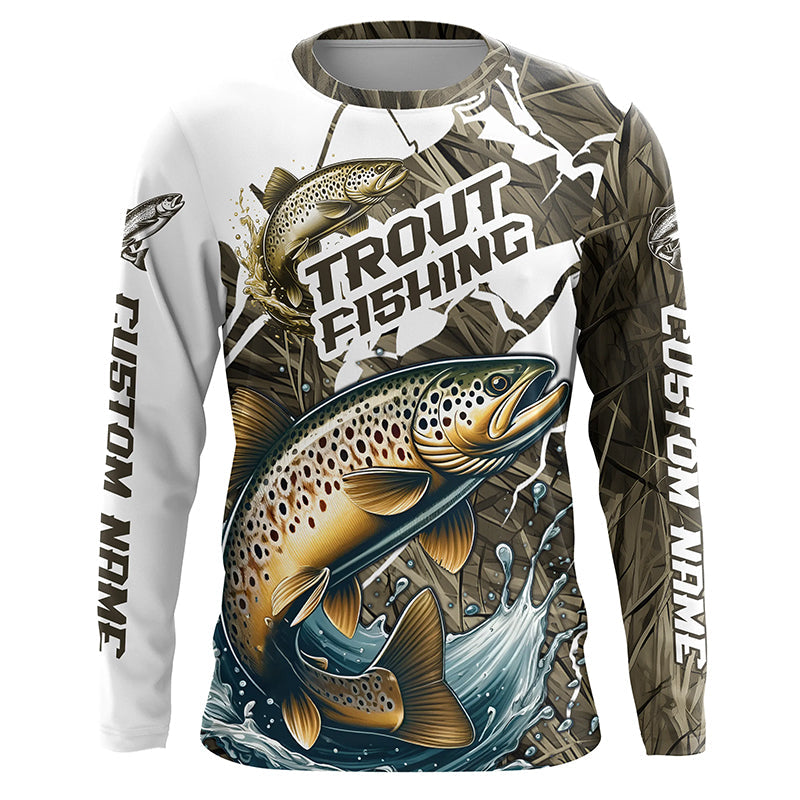 Brown Trout Fishing Custom Long Sleeve Tournament, Trout Fly Fishing Grass Camo