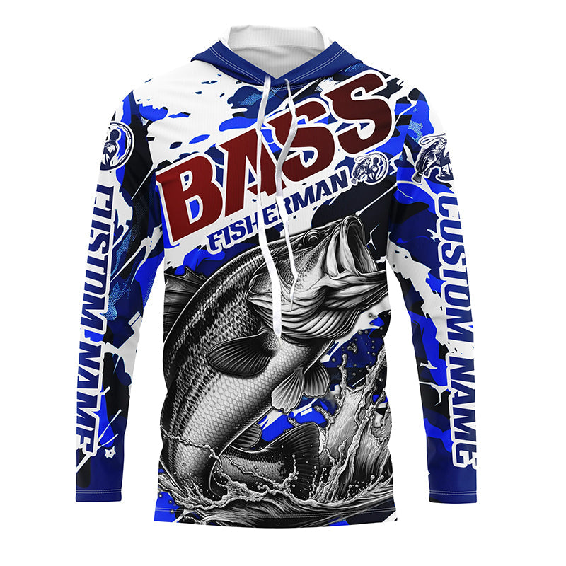 Personalized Bass Fisherman Long Sleeve Fishing, Red White And Blue Camo Fishing