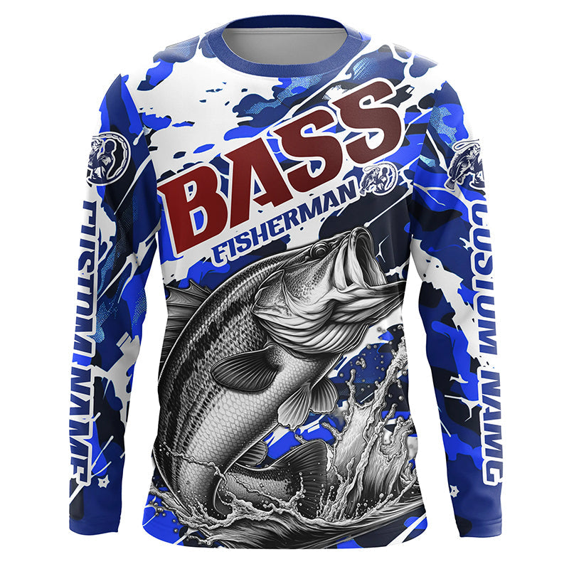 Personalized Bass Fisherman Long Sleeve Fishing, Red White And Blue Camo Fishing