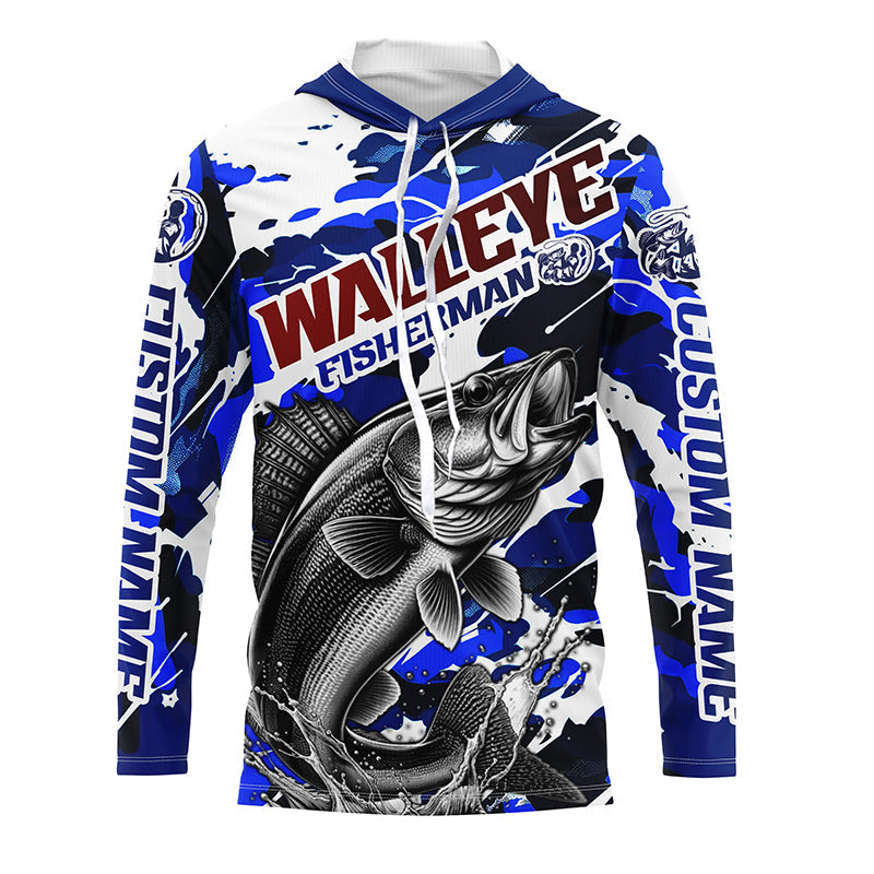 Personalized Walleye Fisherman Long Sleeve Fishing, Red White And Blue Camo Fishing