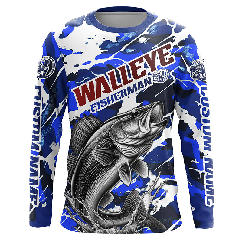 Personalized Walleye Fisherman Long Sleeve Fishing, Red White And Blue Camo Fishing