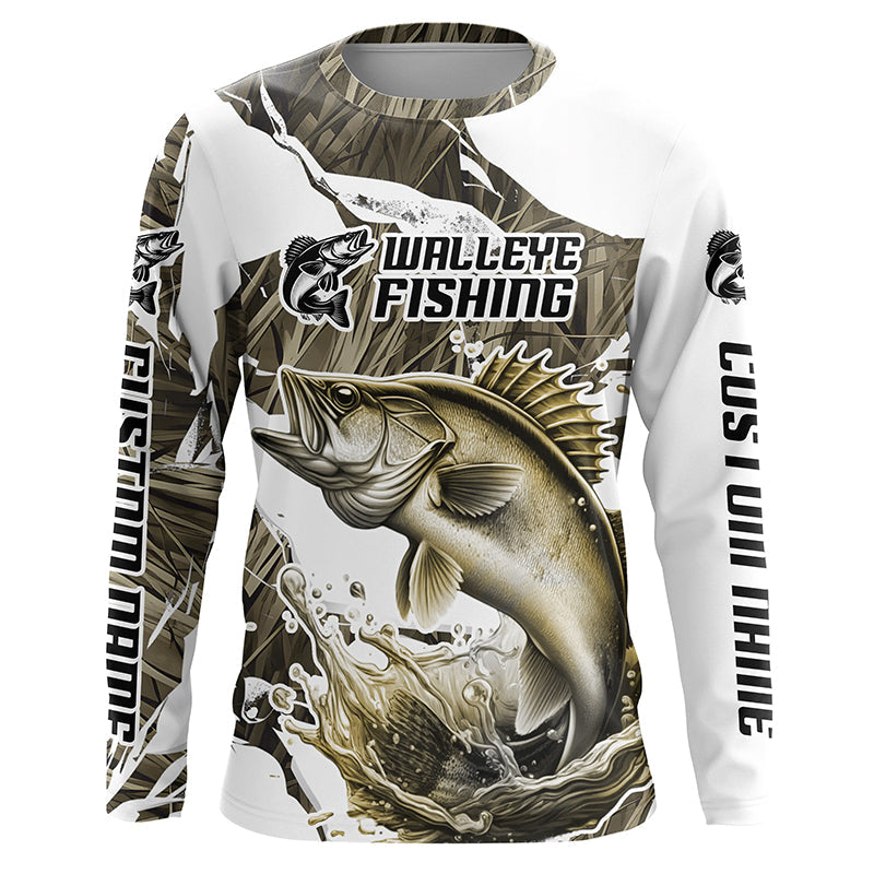 Grass Camo Custom Walleye Fishing Long Sleeve Tournament Fishing, Walleye Fishing Apparel
