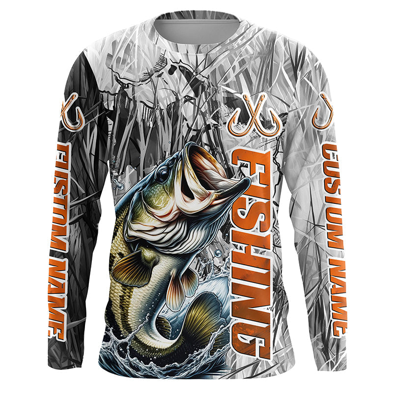 Largemouth Bass Fishing Custom Long Sleeve Tournament Fishing, Gray Camo Bass Fishing