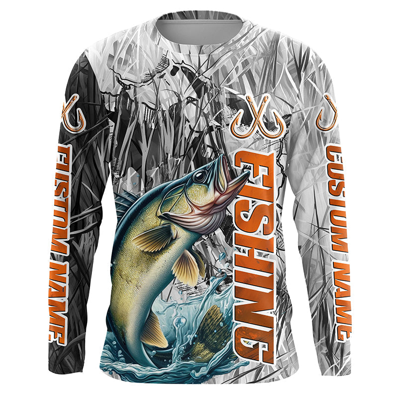 Walleye Fishing Custom Long Sleeve Tournament Fishing, Gray Camo Walleye Fishing