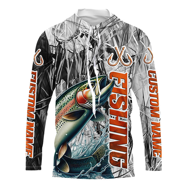 Rainbow Trout Fishing Custom Long Sleeve Fly Fishing, Gray Camo Trout Fishing