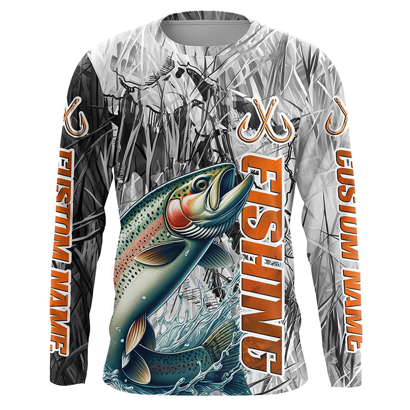Rainbow Trout Fishing Custom Long Sleeve Fly Fishing, Gray Camo Trout Fishing